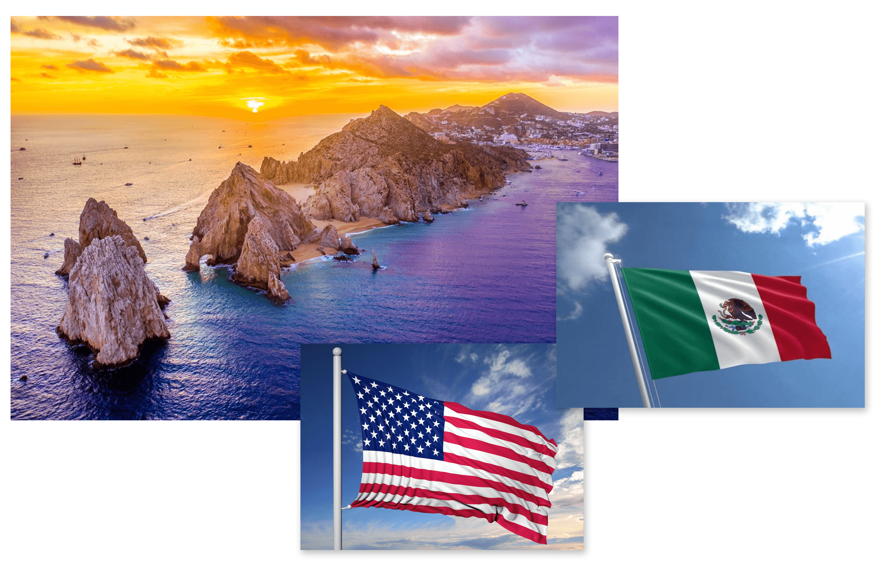 3-image collage of an American flag, Mexican flag and a beach